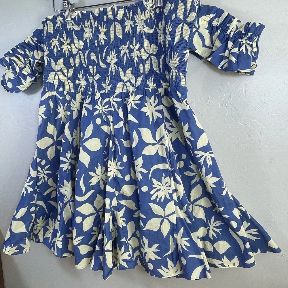 Zara Blue Cream Floral Ruffle Bandeau Off Shoulder Summer Mini Dress Size XXL - Picture 3 of 8